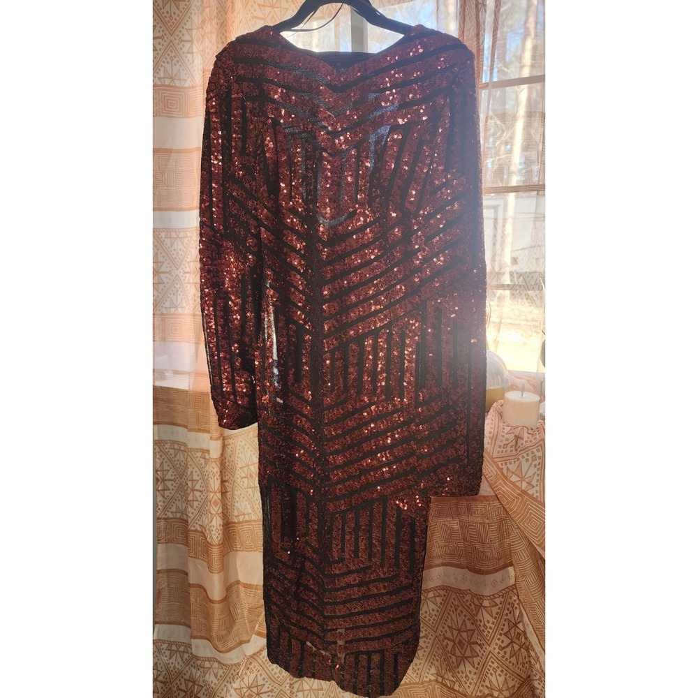 Dress The Population XL Burgundy Black Sequin Mesh Bodycon Midi Dress Long Slee… - Picture 3 of 8